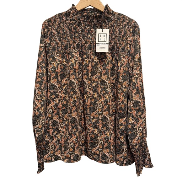 THML Tops - THML Paisley Women M Black Long Sleeve Smocked Peasant Victorian Office NWT